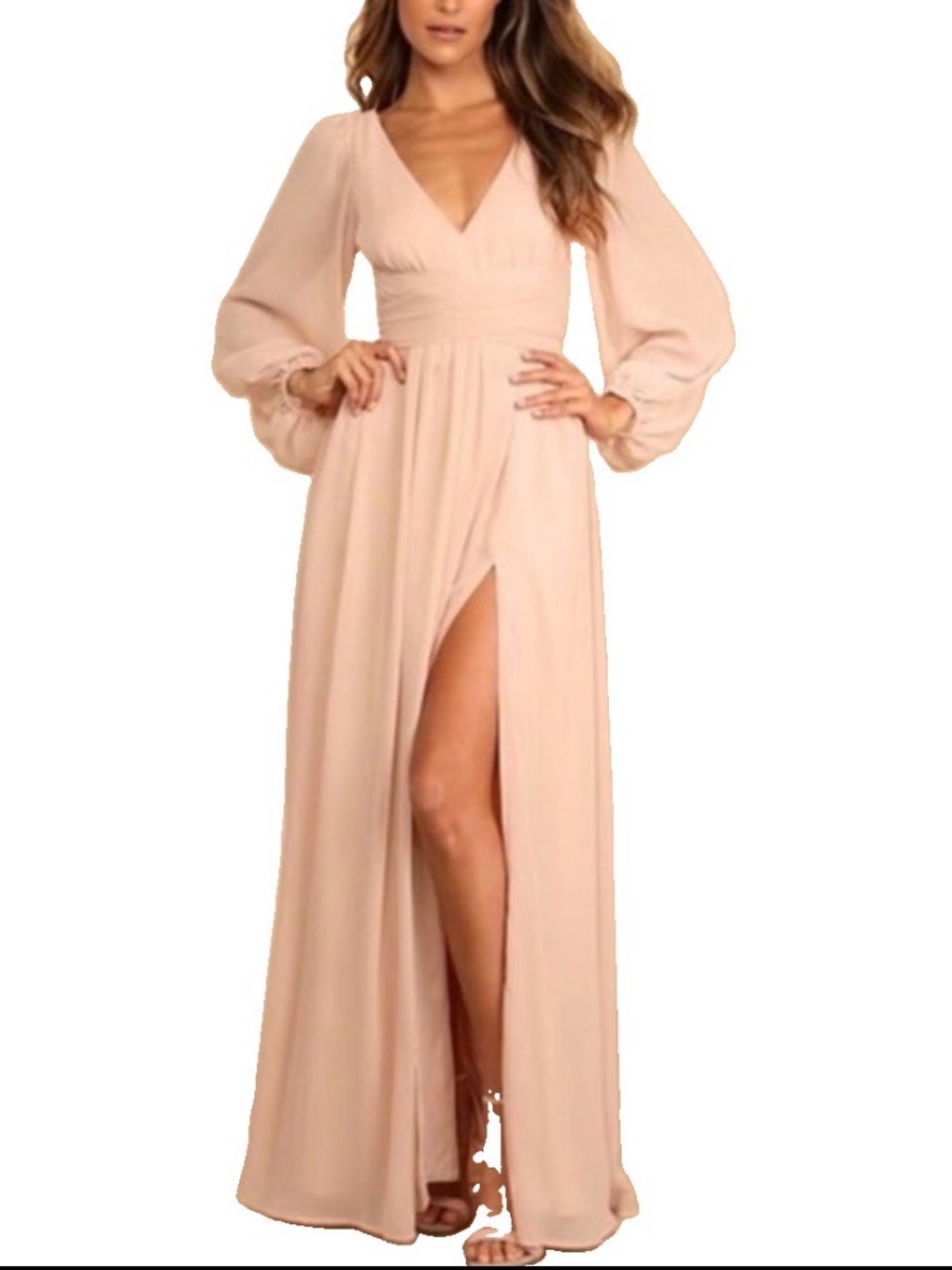 Lulu's Blush V-Neck Maxi Dress with Bishop Sleeves